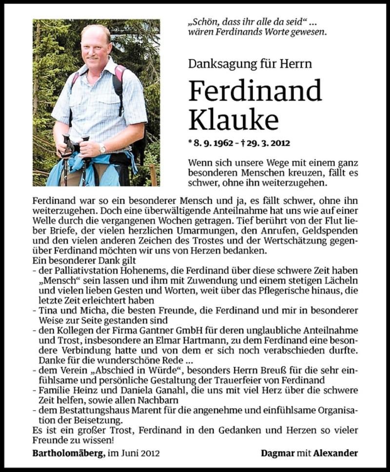  Todesanzeige für Ferdinand Klauke vom 09.06.2012 aus Vorarlberger Nachrichten