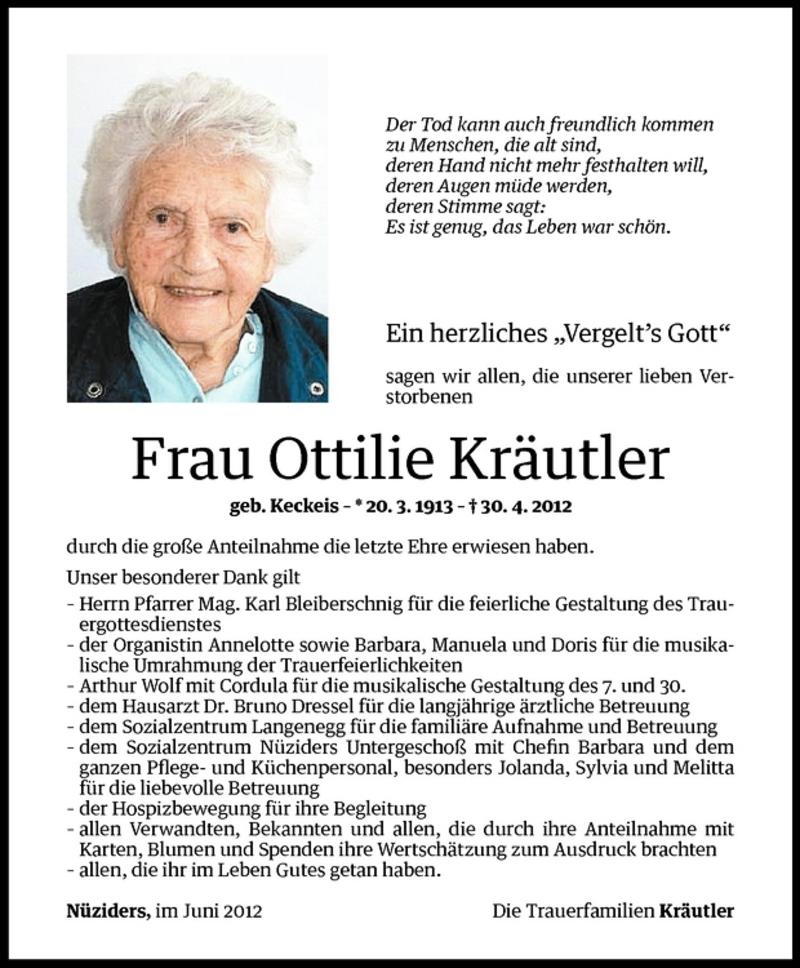  Todesanzeige für Ottilie Kräutler vom 11.06.2012 aus Vorarlberger Nachrichten