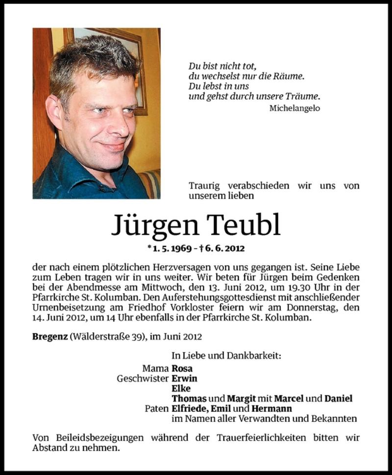  Todesanzeige für Jürgen Teubl vom 12.06.2012 aus Vorarlberger Nachrichten