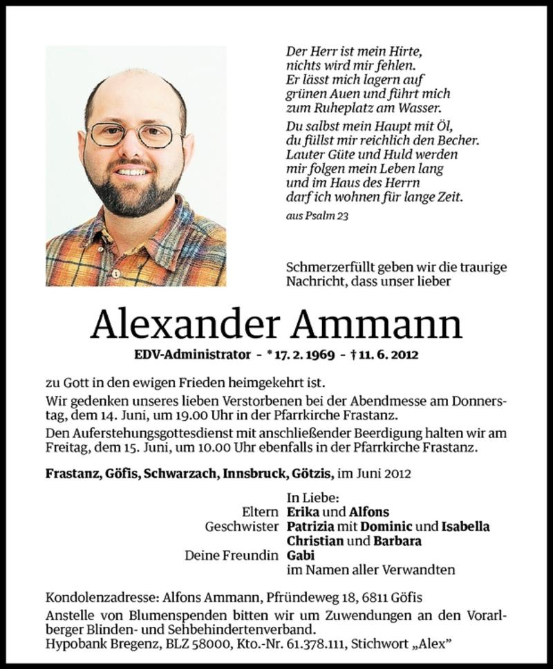 Todesanzeige für Alexander Ammann vom 13.06.2012 aus Vorarlberger Nachrichten