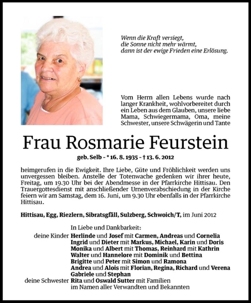  Todesanzeige für Rosmarie Feurstein vom 15.06.2012 aus Vorarlberger Nachrichten