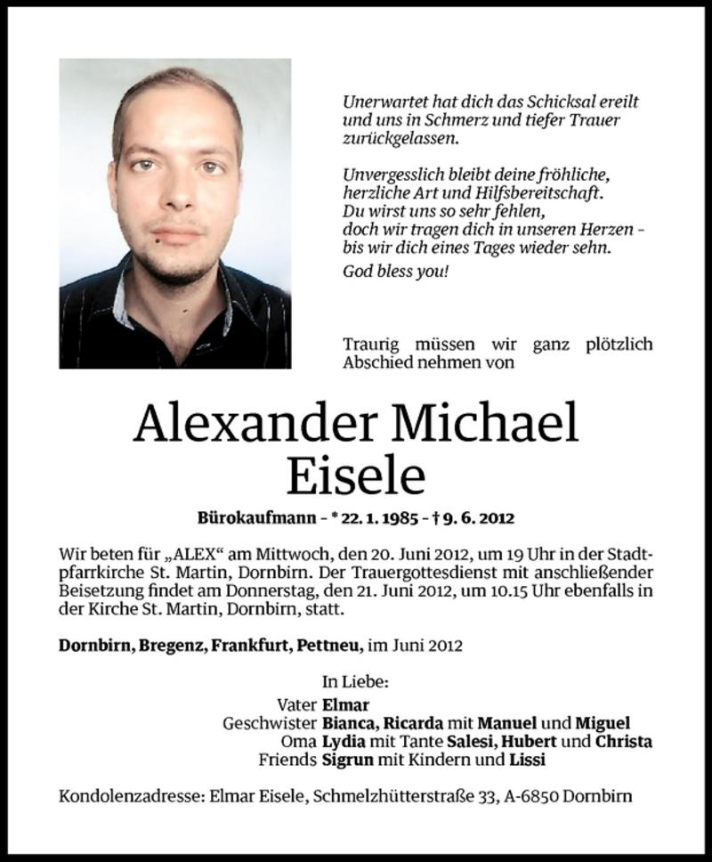  Todesanzeige für Alexander Michael Eisele vom 16.06.2012 aus Vorarlberger Nachrichten