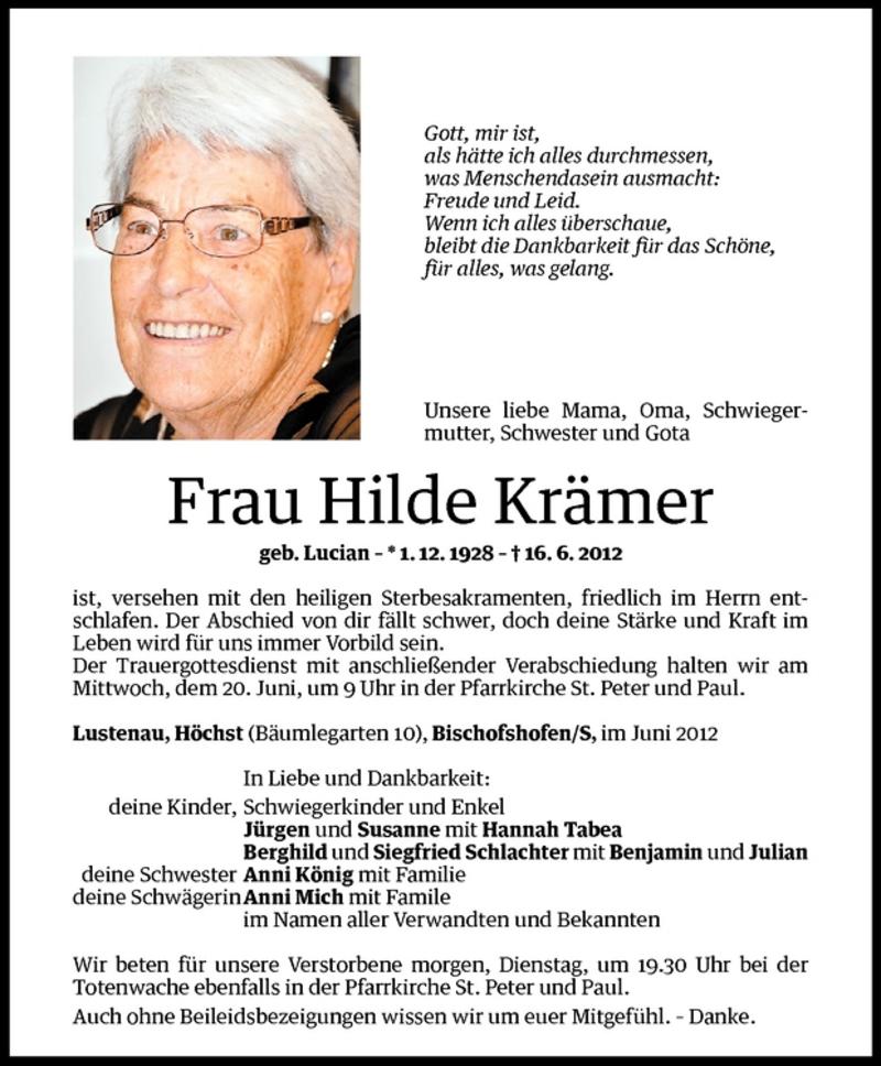  Todesanzeige für Hilde Krämer vom 18.06.2012 aus Vorarlberger Nachrichten