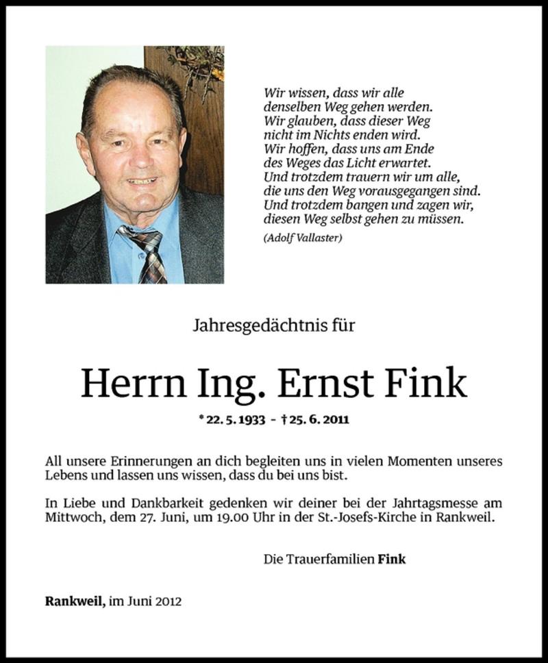  Todesanzeige für Ing. Ernst Fink vom 25.06.2012 aus Vorarlberger Nachrichten