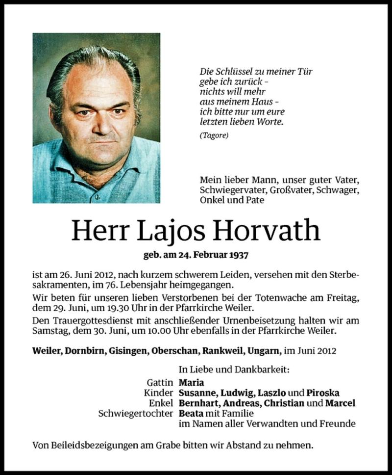  Todesanzeige für Lajos Horvath vom 28.06.2012 aus Vorarlberger Nachrichten