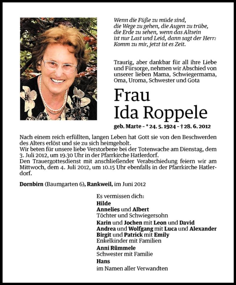  Todesanzeige für Ida Roppele vom 02.07.2012 aus Vorarlberger Nachrichten