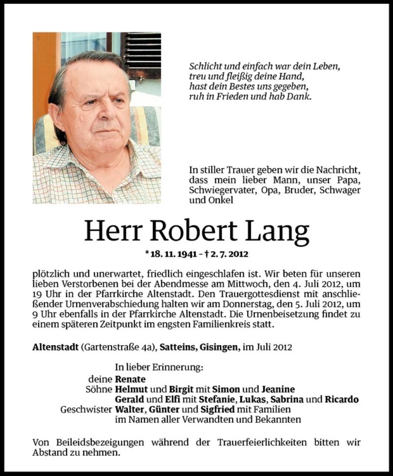  Todesanzeige für Robert Lang vom 04.07.2012 aus Vorarlberger Nachrichten