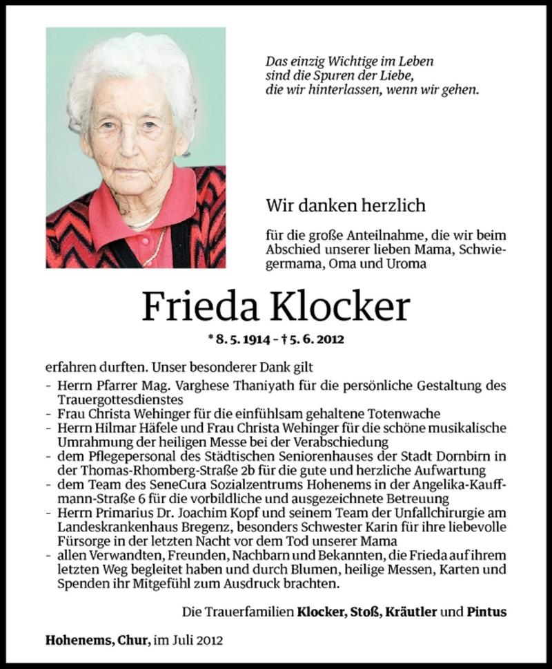  Todesanzeige für Frieda Klocker vom 07.07.2012 aus Vorarlberger Nachrichten