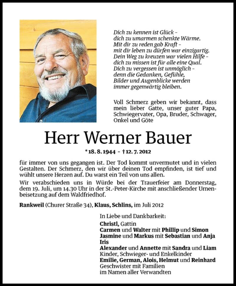  Todesanzeige für Werner Bauer vom 16.07.2012 aus Vorarlberger Nachrichten