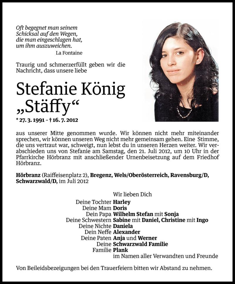  Todesanzeige für Stefanie König vom 20.07.2012 aus Vorarlberger Nachrichten