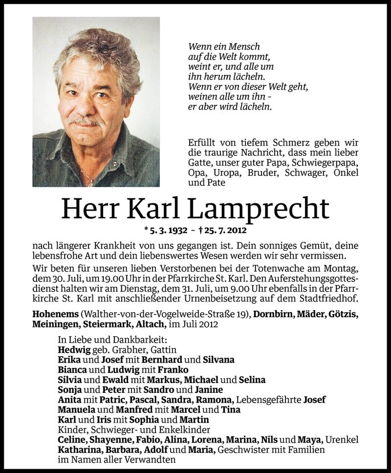  Todesanzeige für Karl Lamprecht vom 27.07.2012 aus Vorarlberger Nachrichten