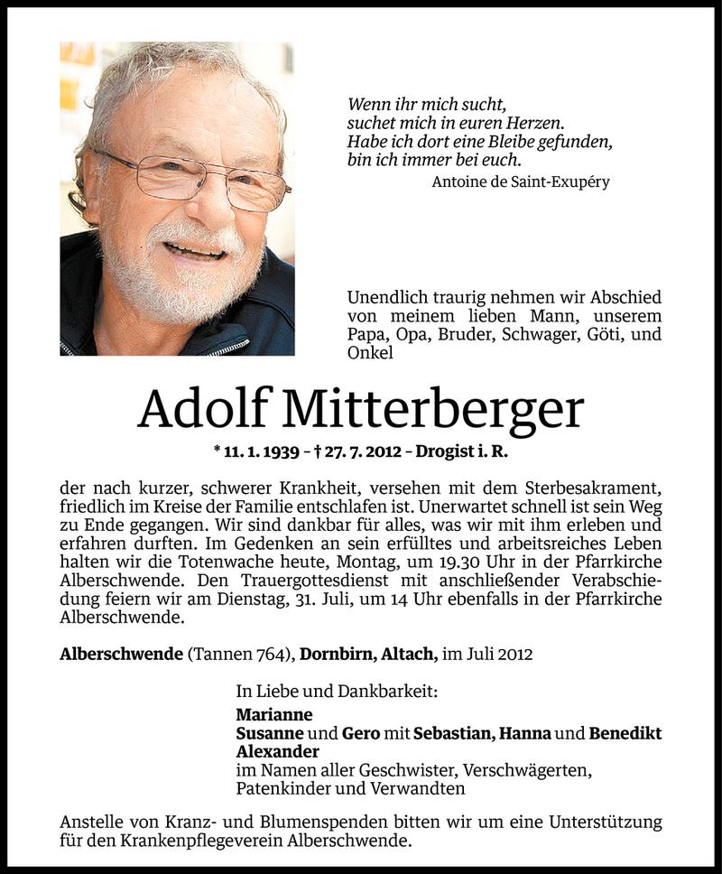  Todesanzeige für Adolf Mitterberger vom 30.07.2012 aus Vorarlberger Nachrichten