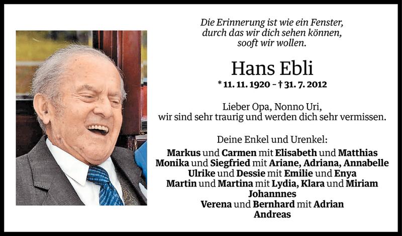  Todesanzeige für Hans Ebli vom 02.08.2012 aus Vorarlberger Nachrichten