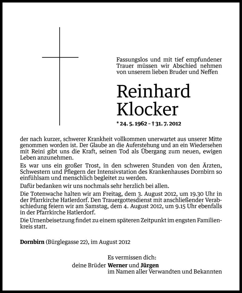  Todesanzeige für Reinhard Klocker vom 02.08.2012 aus Vorarlberger Nachrichten