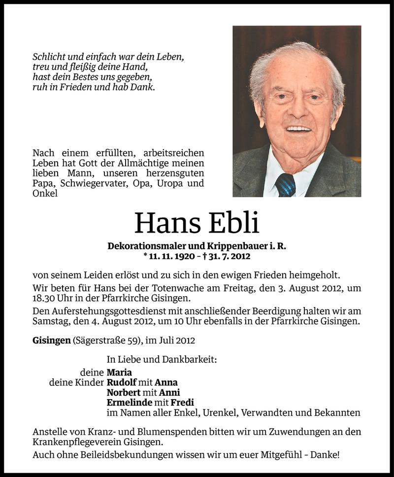  Todesanzeige für Hans Ebli vom 02.08.2012 aus Vorarlberger Nachrichten