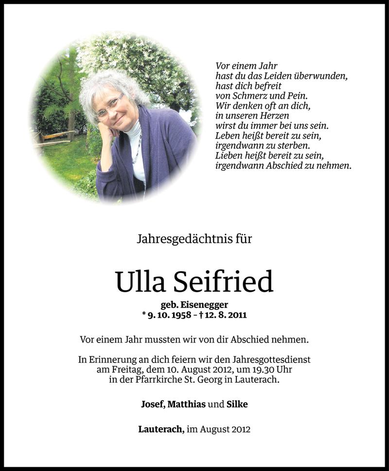  Todesanzeige für Ulla Seifried vom 04.08.2012 aus Vorarlberger Nachrichten