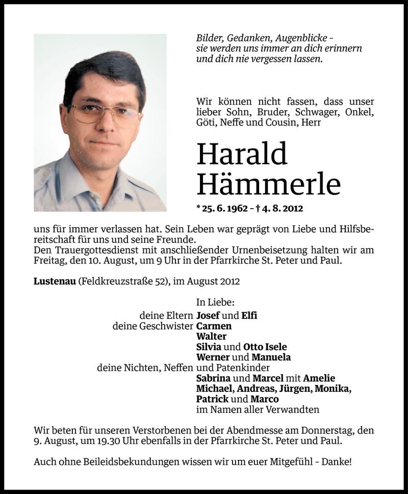  Todesanzeige für Harald Hämmerle vom 07.08.2012 aus Vorarlberger Nachrichten