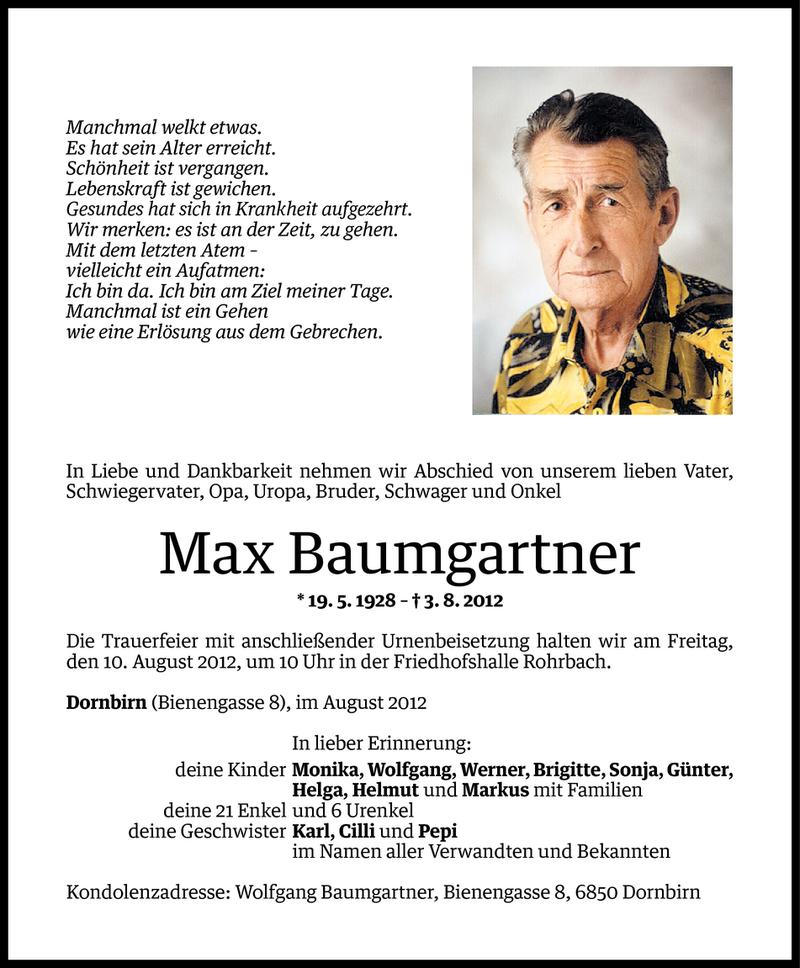  Todesanzeige für Max Baumgartner vom 08.08.2012 aus Vorarlberger Nachrichten