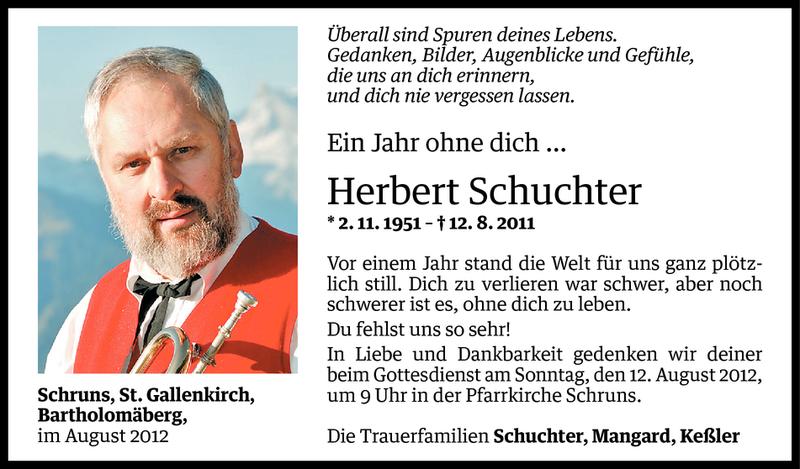  Todesanzeige für Herbert Schuchter vom 11.08.2012 aus Vorarlberger Nachrichten