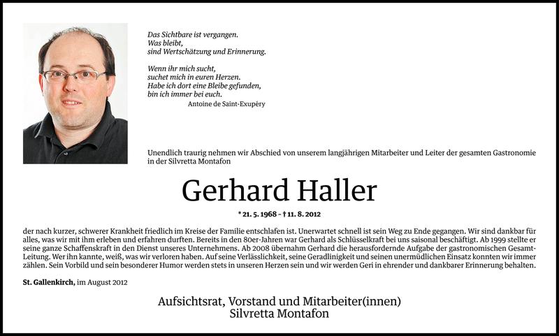  Todesanzeige für Gerhard Haller vom 14.08.2012 aus Vorarlberger Nachrichten