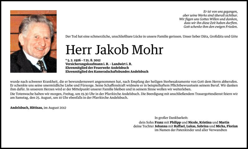  Todesanzeige für Jakob Mohr vom 23.08.2012 aus Vorarlberger Nachrichten