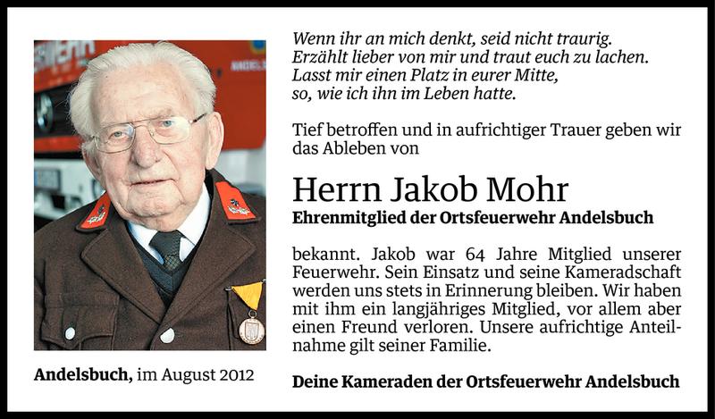  Todesanzeige für Jakob Mohr vom 23.08.2012 aus Vorarlberger Nachrichten