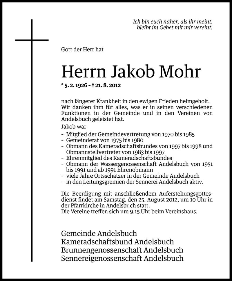  Todesanzeige für Jakob Mohr vom 23.08.2012 aus Vorarlberger Nachrichten