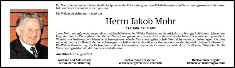  Todesanzeige für Jakob Mohr vom 23.08.2012 aus Vorarlberger Nachrichten