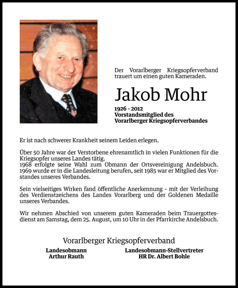  Todesanzeige für Jakob Mohr vom 24.08.2012 aus Vorarlberger Nachrichten