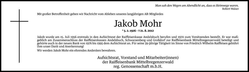  Todesanzeige für Jakob Mohr vom 24.08.2012 aus Vorarlberger Nachrichten