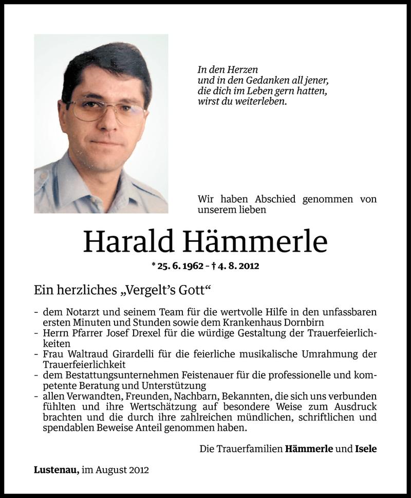  Todesanzeige für Harald Hämmerle vom 25.08.2012 aus Vorarlberger Nachrichten