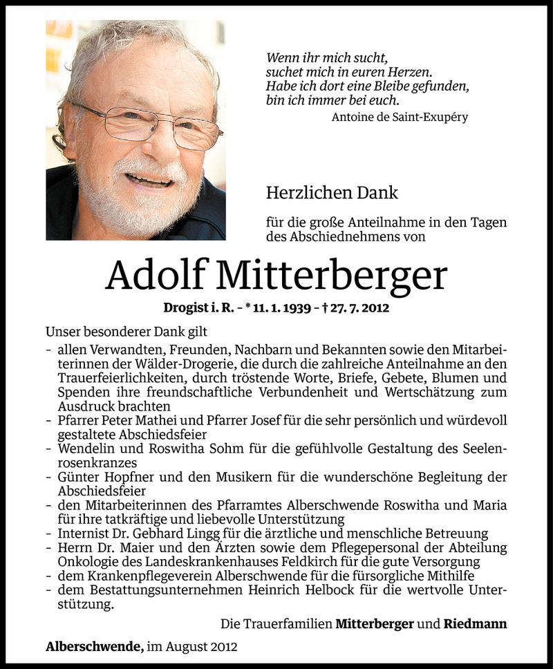  Todesanzeige für Adolf Mitterberger vom 25.08.2012 aus Vorarlberger Nachrichten