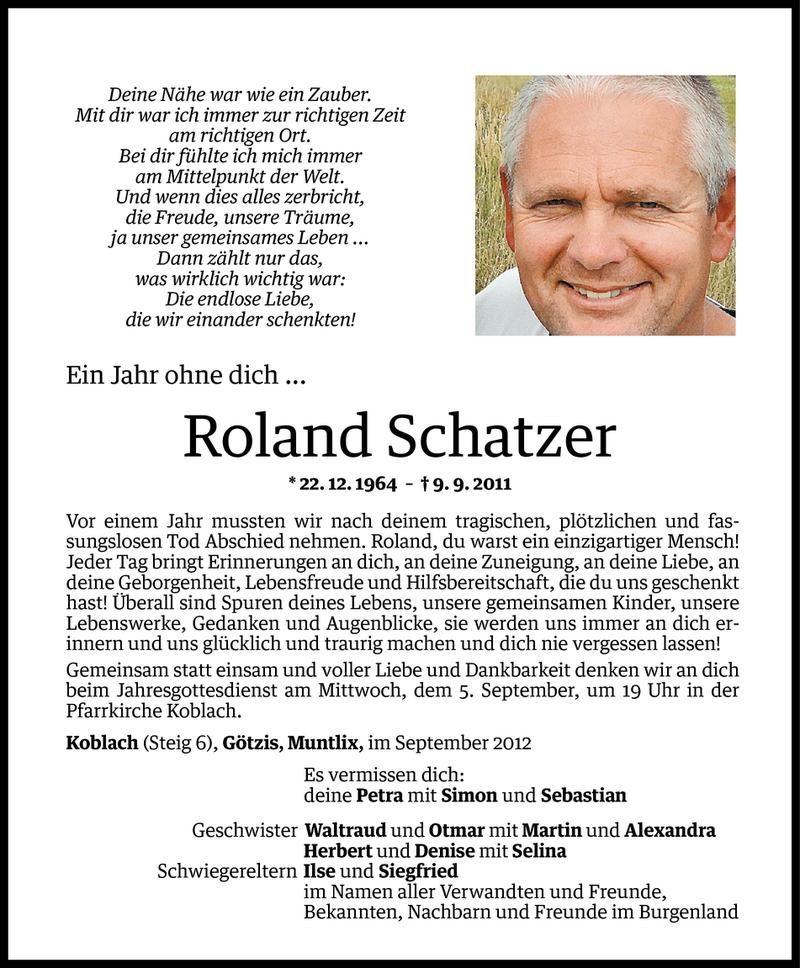  Todesanzeige für Roland Schatzer vom 03.09.2012 aus Vorarlberger Nachrichten