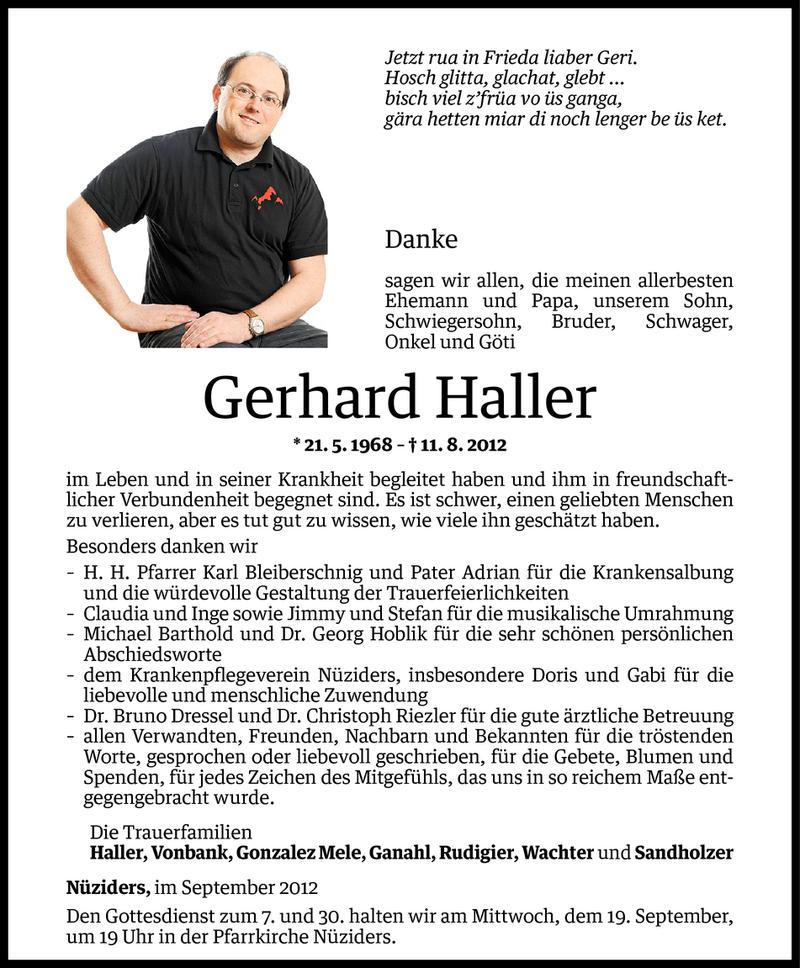  Todesanzeige für Gerhard Haller vom 15.09.2012 aus Vorarlberger Nachrichten