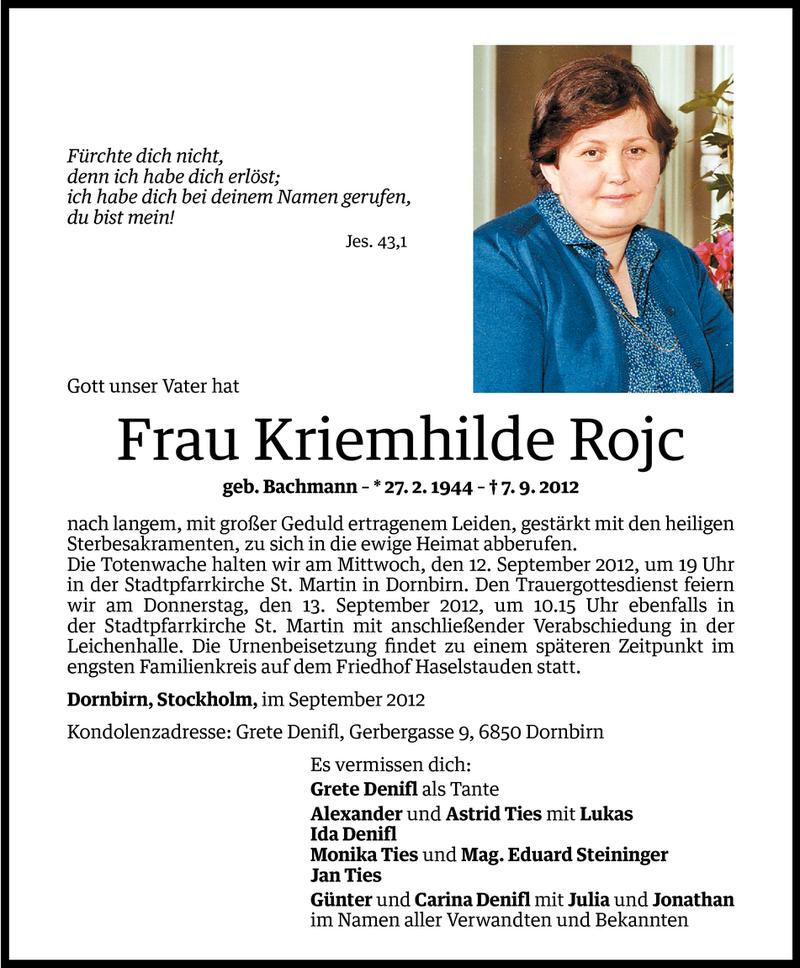  Todesanzeige für Kriemhilde Rojc vom 10.09.2012 aus Vorarlberger Nachrichten