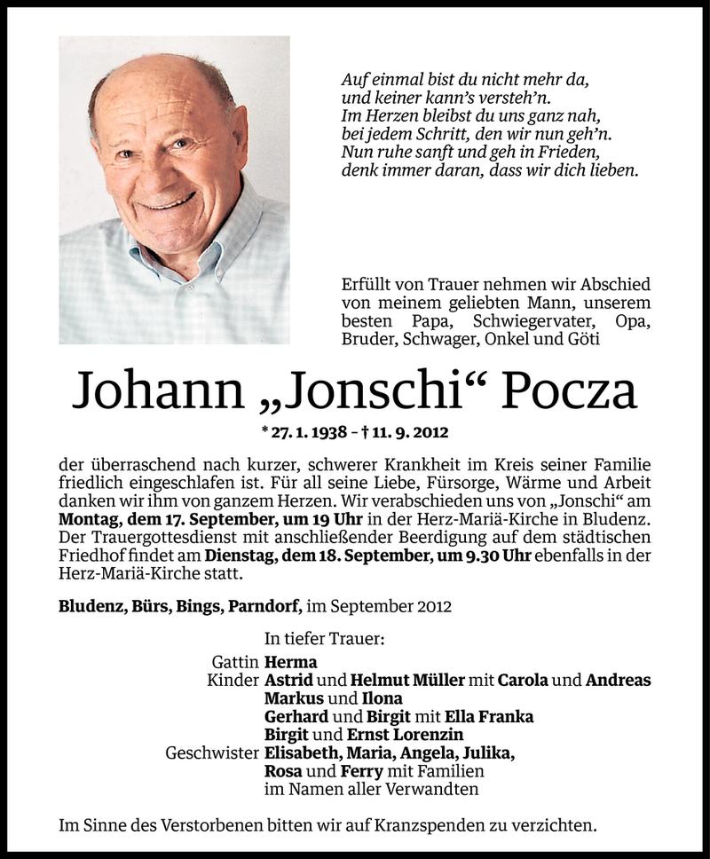  Todesanzeige für Johann Pocza vom 15.09.2012 aus Vorarlberger Nachrichten