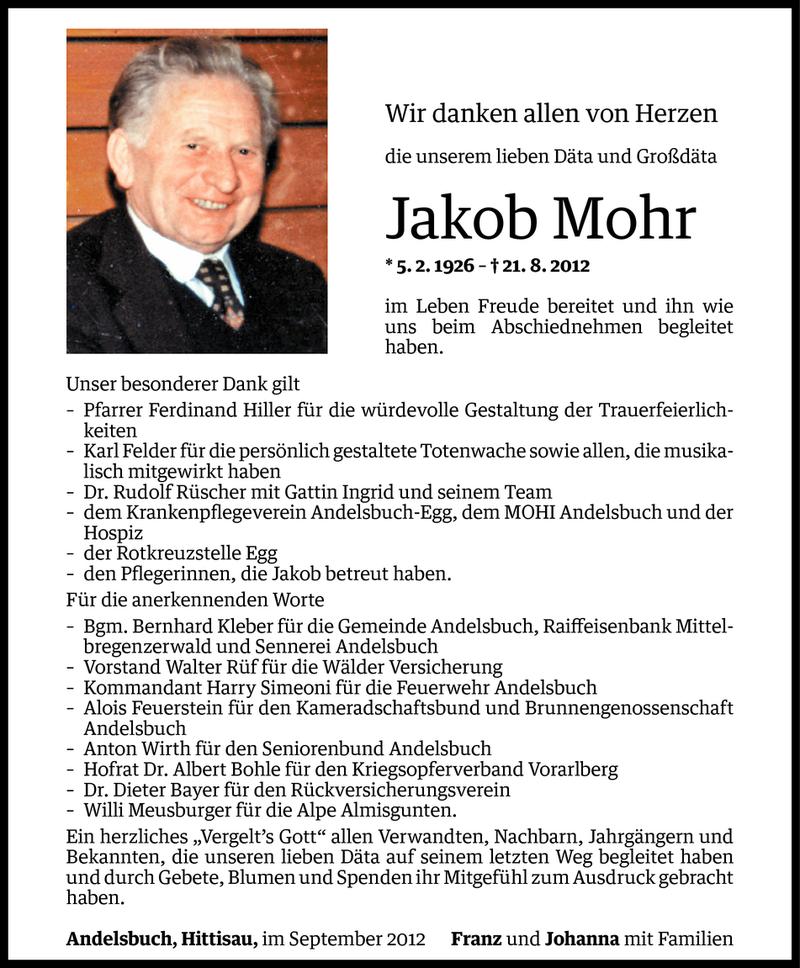  Todesanzeige für Jakob Mohr vom 14.09.2012 aus Vorarlberger Nachrichten