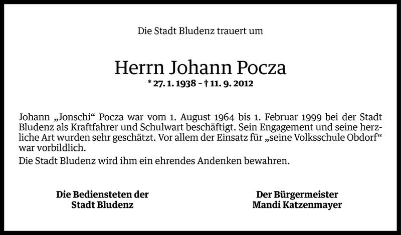  Todesanzeige für Johann Pocza vom 15.09.2012 aus Vorarlberger Nachrichten