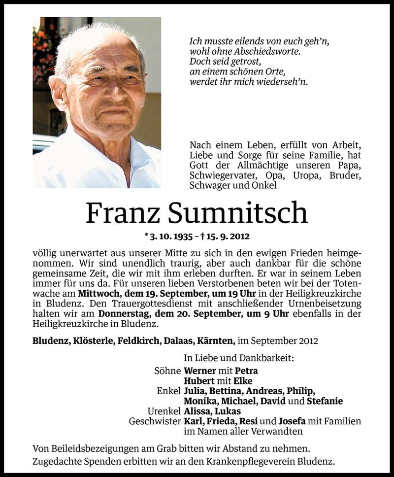  Todesanzeige für Franz Sumnitsch vom 18.09.2012 aus Vorarlberger Nachrichten