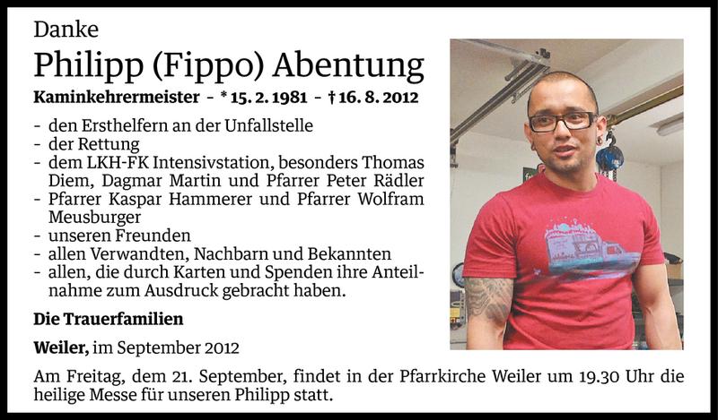  Todesanzeige für Philipp Abentung vom 19.09.2012 aus Vorarlberger Nachrichten