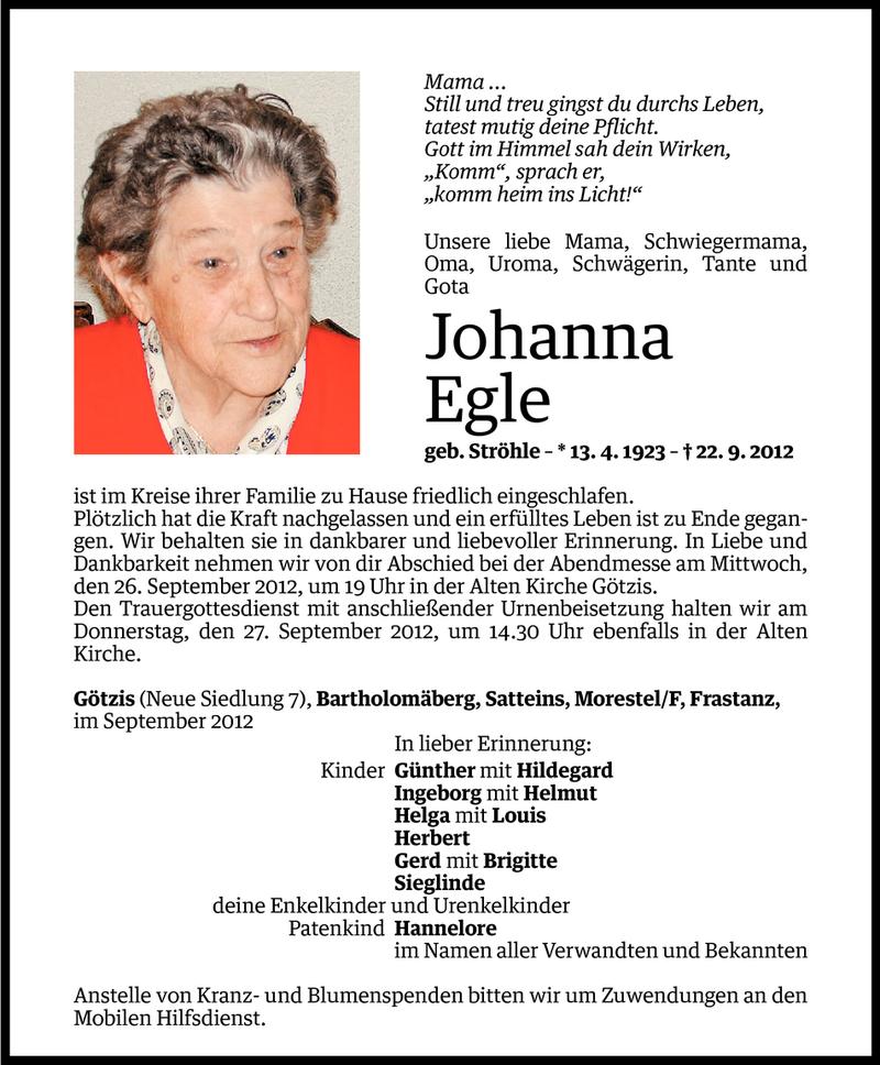  Todesanzeige für Johanna Egle vom 25.09.2012 aus Vorarlberger Nachrichten