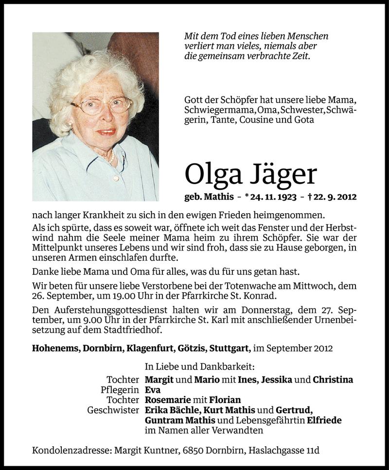 Todesanzeigen von Olga Jäger | Todesanzeigen Vorarlberger Nachrichten