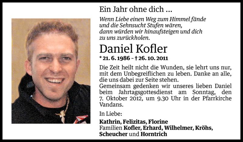  Todesanzeige für Daniel Kofler vom 04.10.2012 aus Vorarlberger Nachrichten