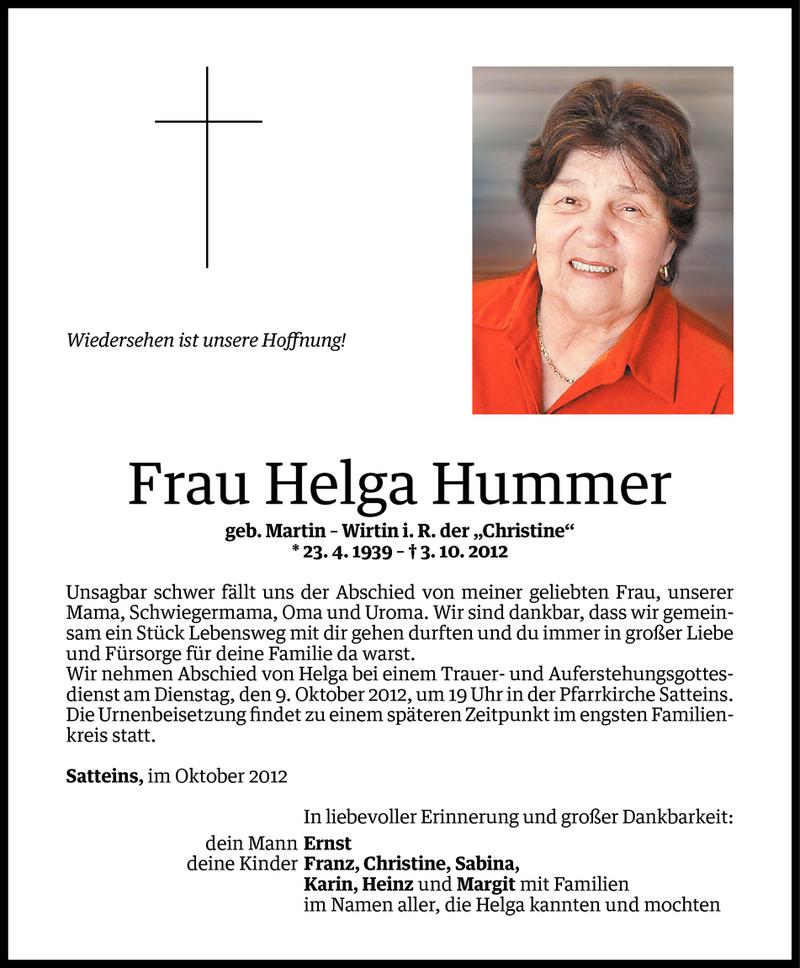  Todesanzeige für Helga Hummer vom 08.10.2012 aus Vorarlberger Nachrichten