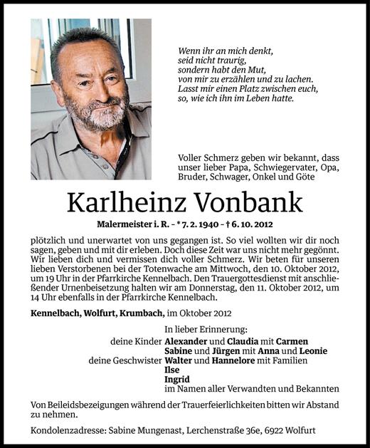 Todesanzeigen Von Karlheinz Vonbank | Todesanzeigen Vorarlberger ...