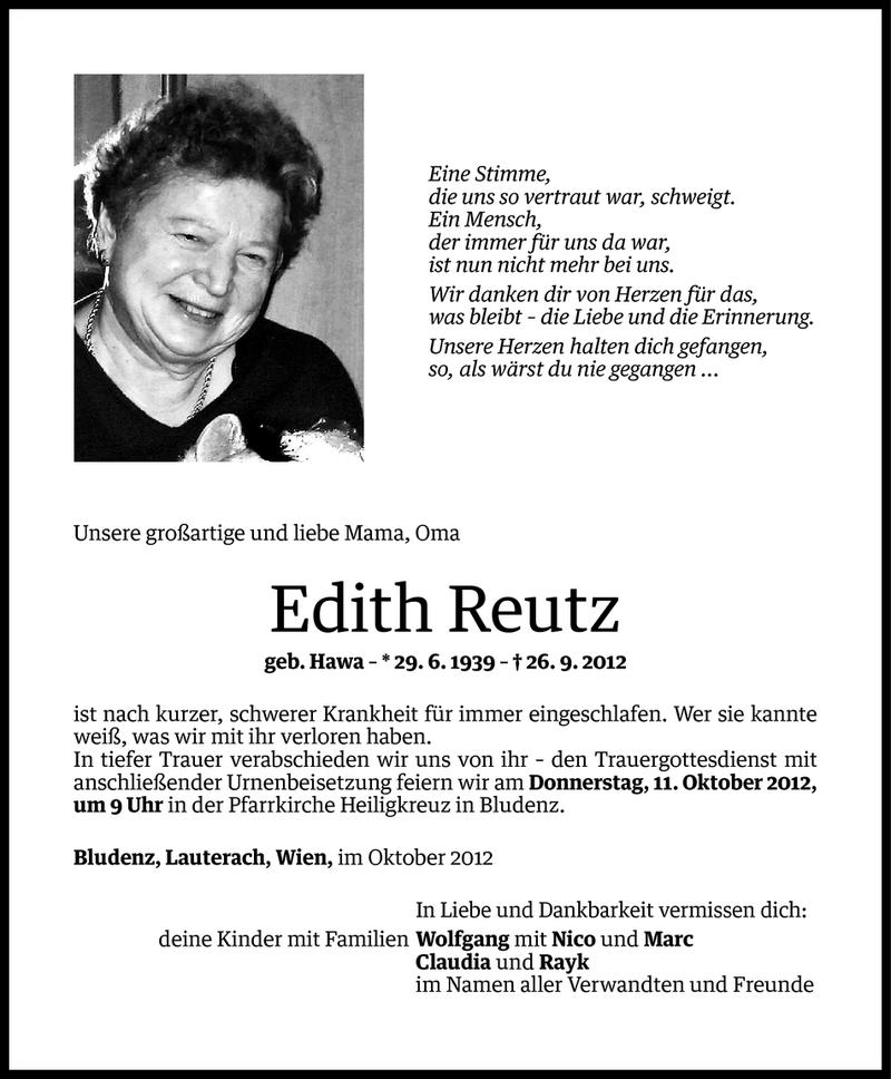  Todesanzeige für Edith Reutz vom 09.10.2012 aus Vorarlberger Nachrichten