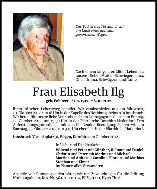 Todesanzeigen von Elisabeth Ilg | Todesanzeigen Vorarlberger Nachrichten