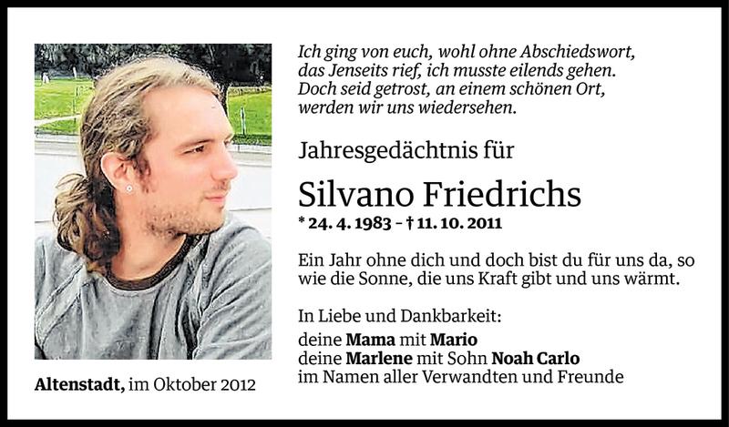  Todesanzeige für Silvano Friedrichs vom 11.10.2012 aus Vorarlberger Nachrichten