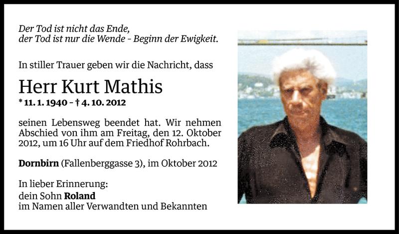 Todesanzeige für Kurt Mathis vom 10.10.2012 aus Vorarlberger Nachrichten