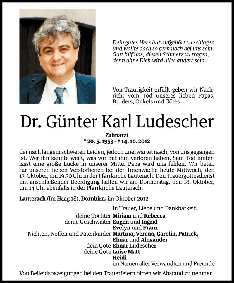  Todesanzeige für Dr. Günter Karl Ludescher vom 17.10.2012 aus Vorarlberger Nachrichten